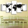 Black And White World Map Vintage Canvass - Word Map 5 Panel Canvas Art Wall Decor