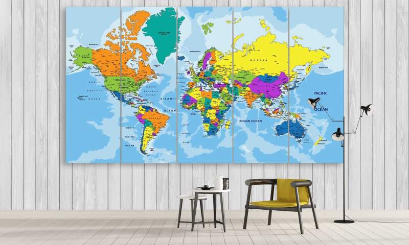 Colorful Political World Map - World Map 5 Panel Canvas Art Wall Decor