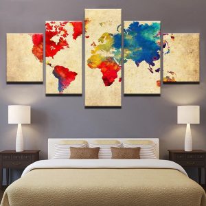 Decor Vintage Color World Map Retro Watercolor - Abstract 5 Panel Canvas Art Wall Decor