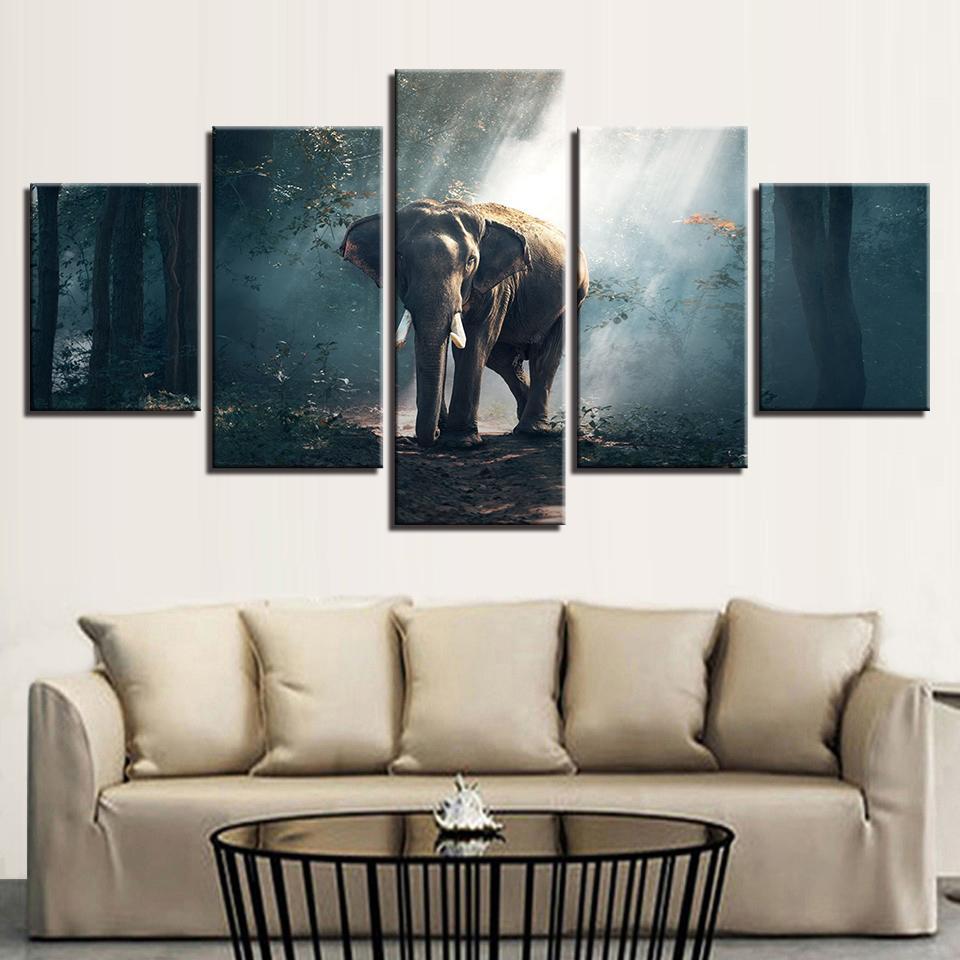 Forest Elephant Wildlife Vintage - Animal 5 Panel Canvas Art Wall Decor
