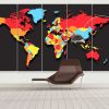 Four Color World Map - World Map 5 Panel Canvas Art Wall Decor