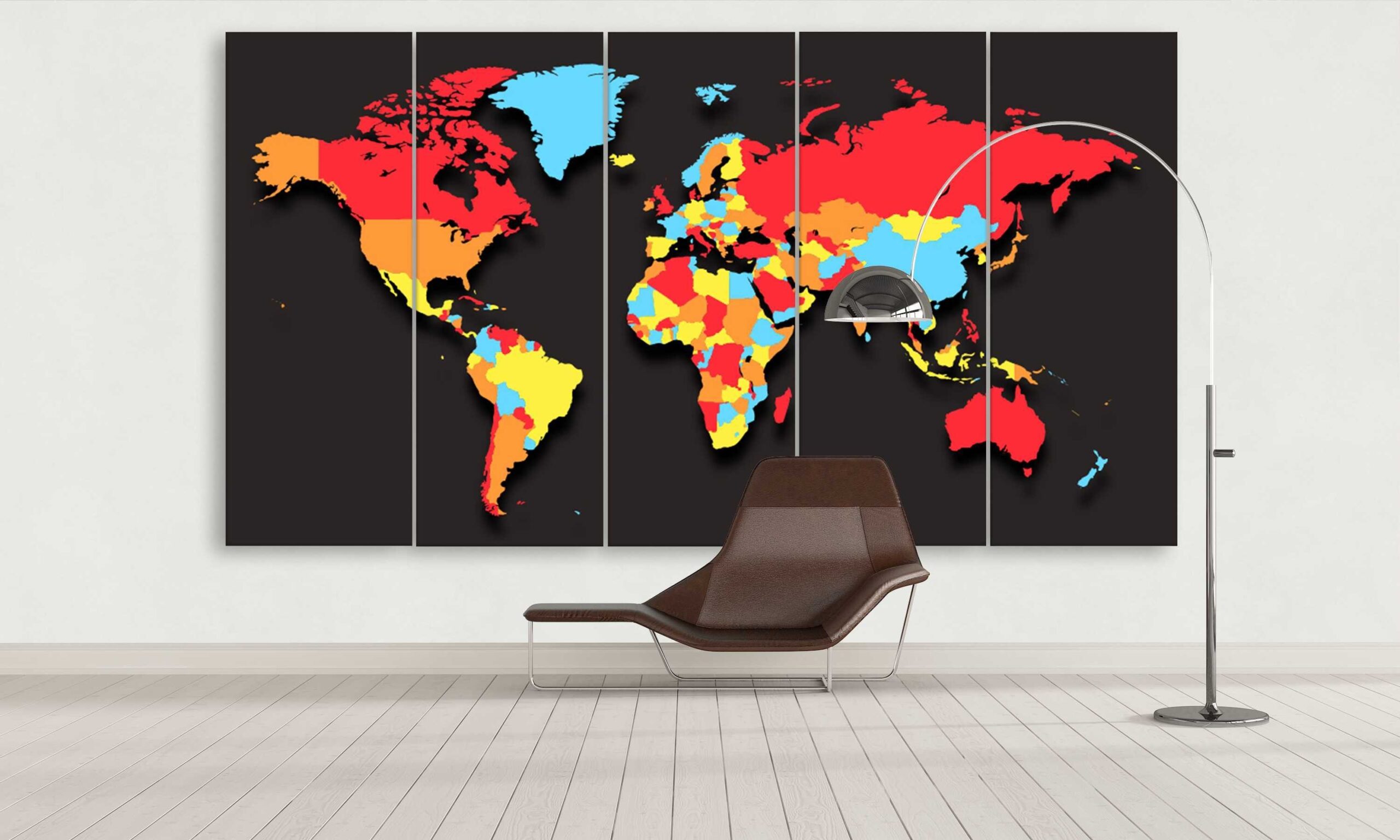 Four Color World Map - World Map 5 Panel Canvas Art Wall Decor