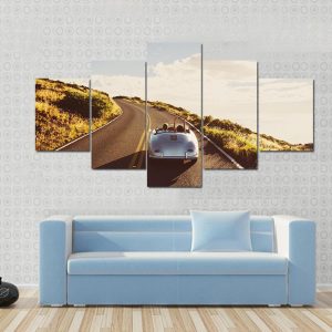 Happy Couple Driving On Country Road In Classic Vintage Sports Car - Automative 5 Panel Canvas Art Wall Decor