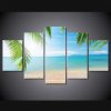 Ocean Beach With Palm Fronds - Nature 5 Panel Canvas Art Wall Decor