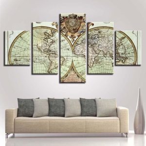 Old World Map Retro Vintage - Abstract 5 Panel Canvas Art Wall Decor