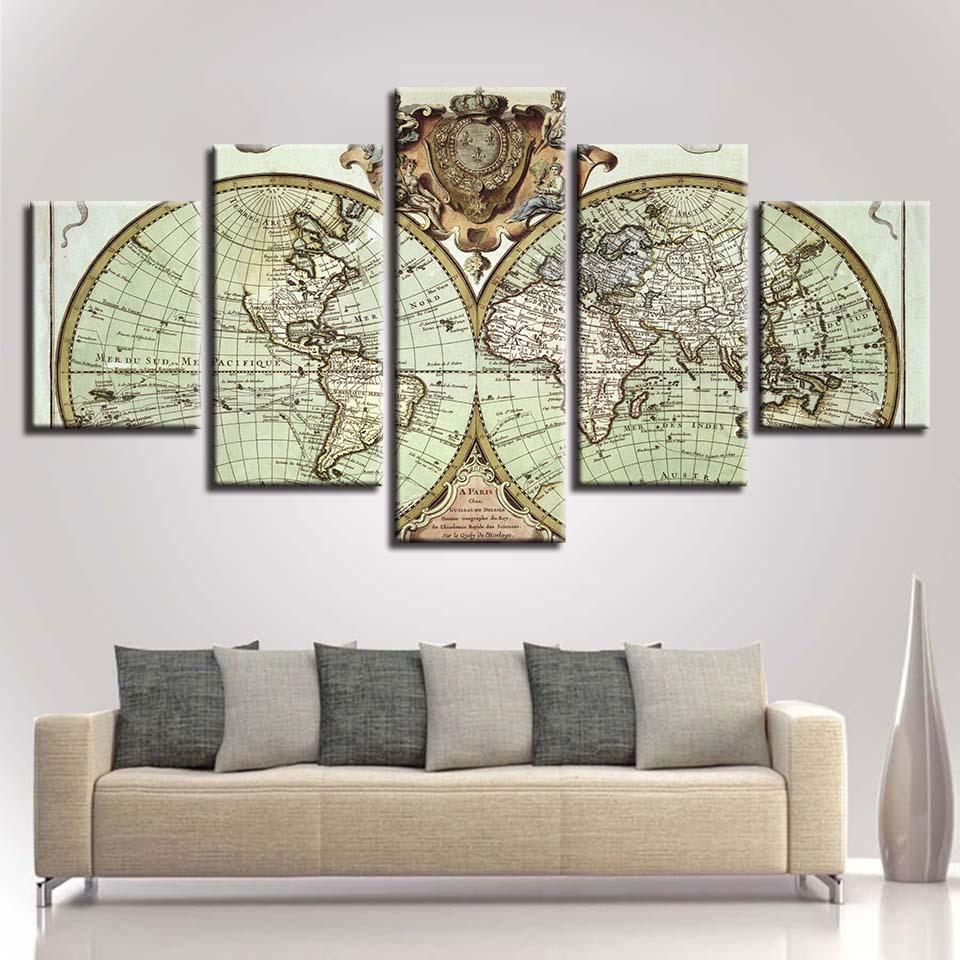 Old World Map Retro Vintage - Abstract 5 Panel Canvas Art Wall Decor
