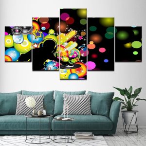 Rock And Roll Music Colorful Balls And Pentagonal Star - Abstract 5 Panel Canvas Art Wall Decor
