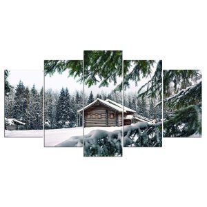 Snow Forest Cottage - Nature 5 Panel Canvas Art Wall Decor