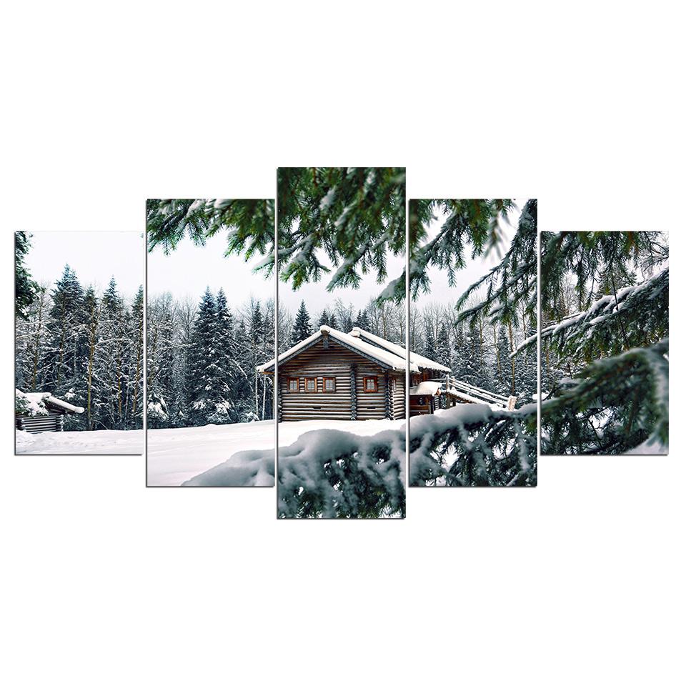 Snow Forest Cottage - Nature 5 Panel Canvas Art Wall Decor