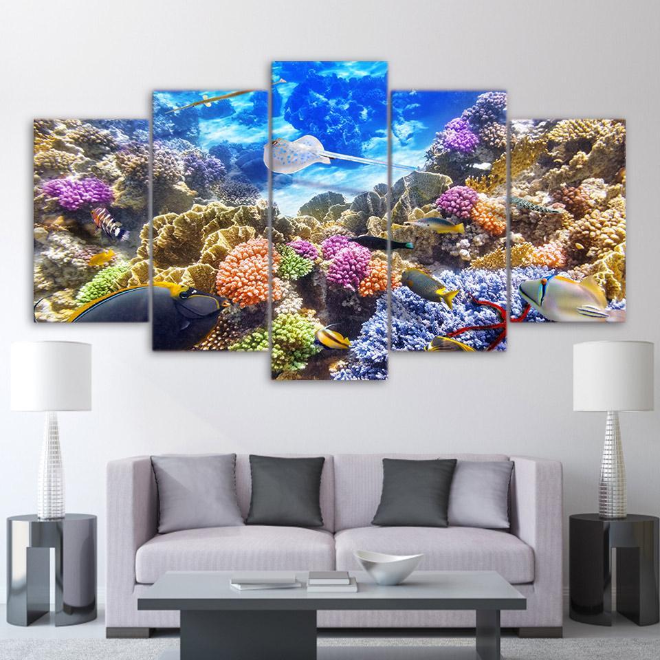 Underwater World Corals Reef Color Fishes Ocean - Nature 5 Panel Canvas Art Wall Decor