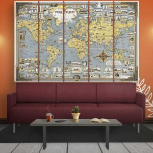 Vintage World Map 04 - World Map 5 Panel Canvas Art Wall Decor