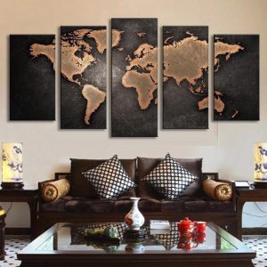 Vintage World Map Rustic - Abstract 5 Panel Canvas Art Wall Decor