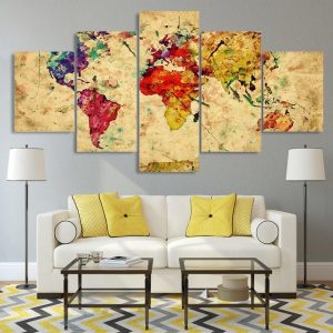 vintage world map 01 - World Map 5 Panel Canvas Art Wall Decor